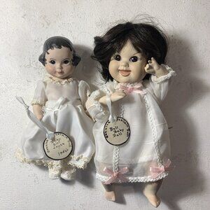 2 Porcelain Baby Girl Dolls - 1986 & 1984 Bell Ceramics Dolls Brown Hair